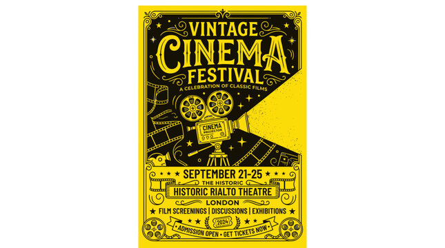 Vintage cinema festival poster with retro projector and film reels