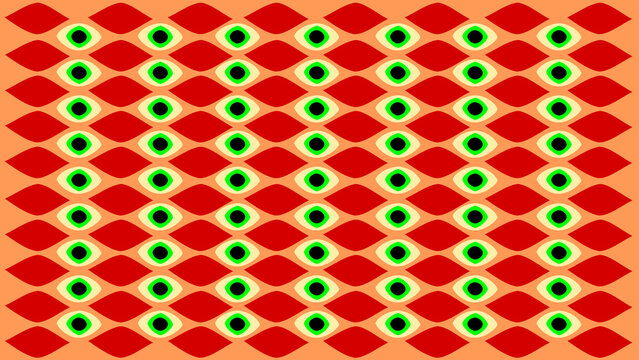 Abstract geometric pattern featuring stylized eye shapes arranged in a repeating diamond grid. Bold red, green, black, cream, and peach tones create a vibrant retro-inspired design