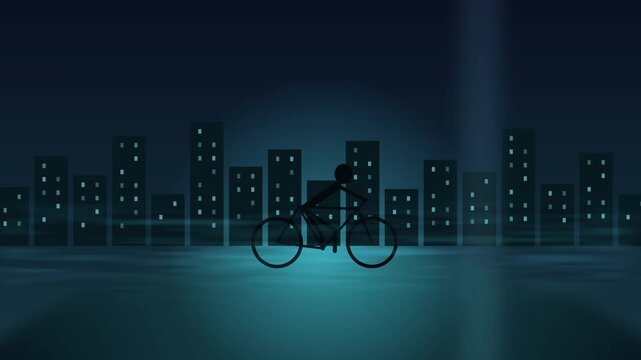 Stylized pixel art man rides electric bicycle through a dark city street, global transportation concept