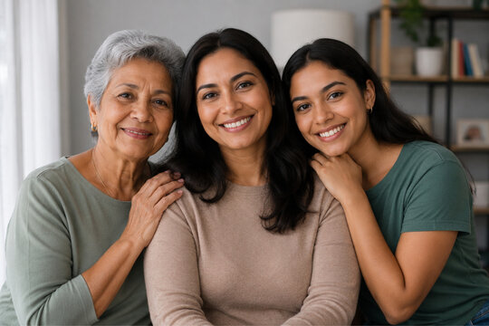 Three Generations of Happy Indian Women Smiling Together at Home