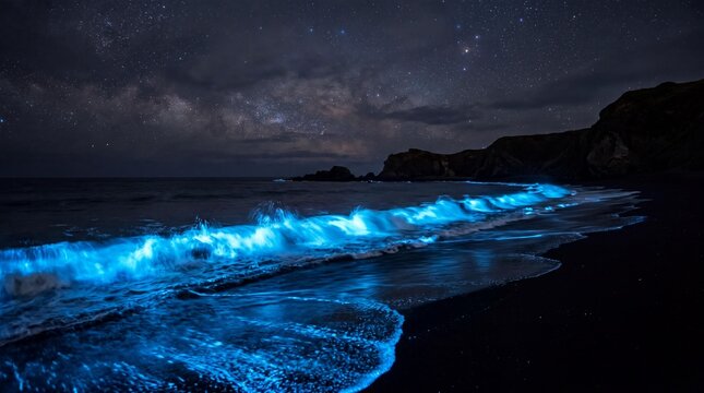 Bioluminescent waves glowing bright blue on a dark sandy beach at night