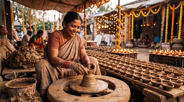 Indian Woman Potter Making Clay Diya Lamps on Wheel for Diwali Festival