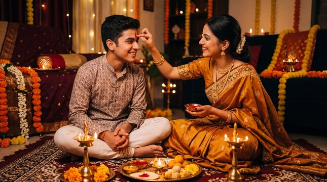 Sister Applying Tilak on Brother Forehead Celebrating Bhai Dooj Festival