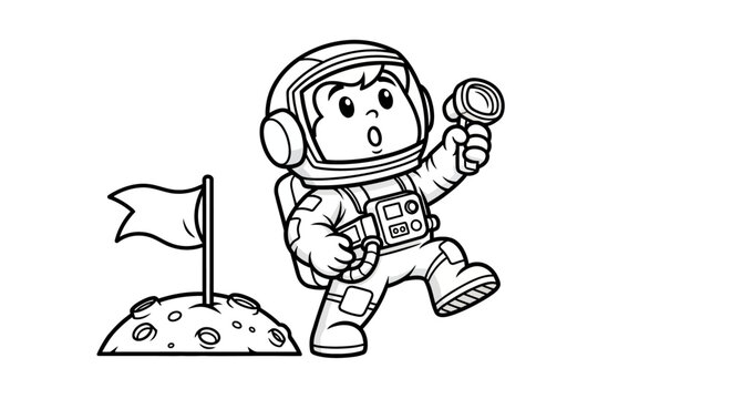 Cartoon astronaut exploring lunar surface with flag.