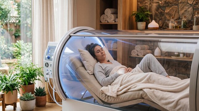 Woman relaxing in hyperbaric oxygen chamber during wellness therapy