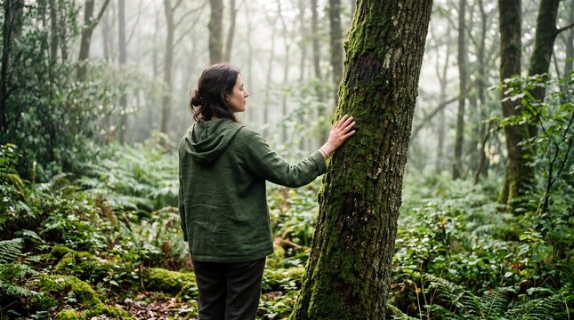Woman practicing forest bathing wellness ritual touching mossy tree trunk