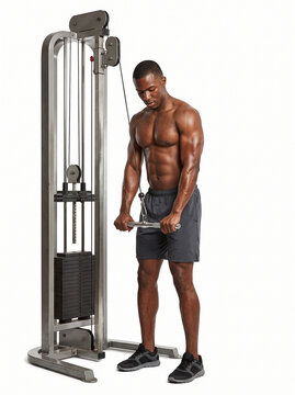 Muscular African American man performing triceps pushdowns on a cable machine in a gym