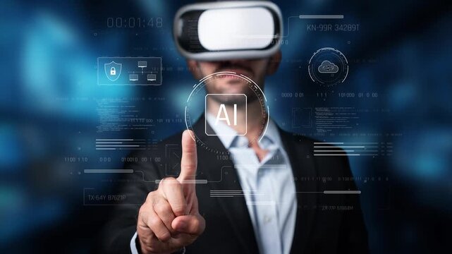 A man wearing a virtual reality headset engages with a digital artificial intelligence interface, symbolizing the convergence of technology and user interaction in a modern setting. Raster