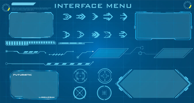 High Tech HUD Interface Panels and Menu Elements Set for Futuristic Digital Displays and Sci-Fi Graphic User Interface Design Systems