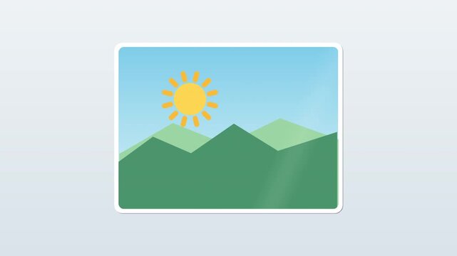 Cartoon photo icon with sun and mountains, simple landscape illustration, graphic element