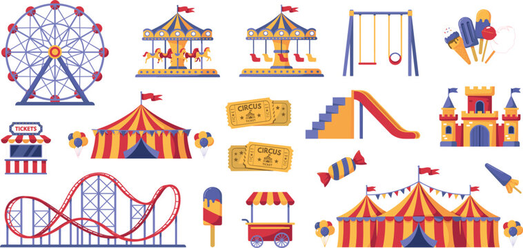 Flat Design Carnival and Amusement Park Vector Icon Set with Ferris Wheel Carousel Circus Tent and Roller Coaster