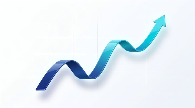 Glossy blue 3D arrow curving upward on subtle grid background representing financial growth