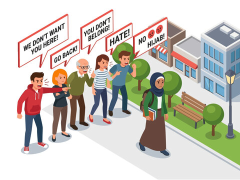 Illustration depicting a group of people shouting hateful slogans at a young woman wearing a hijab.