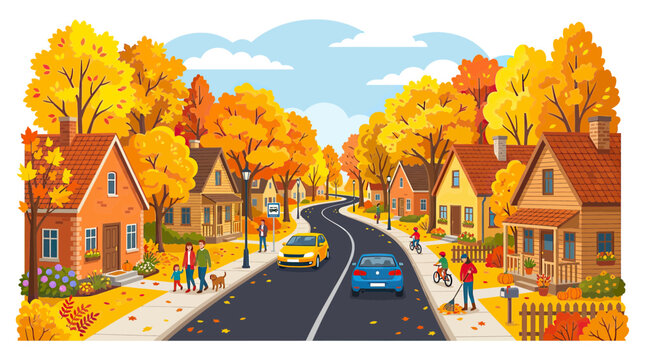 Cozy suburban neighborhood street during autumn season