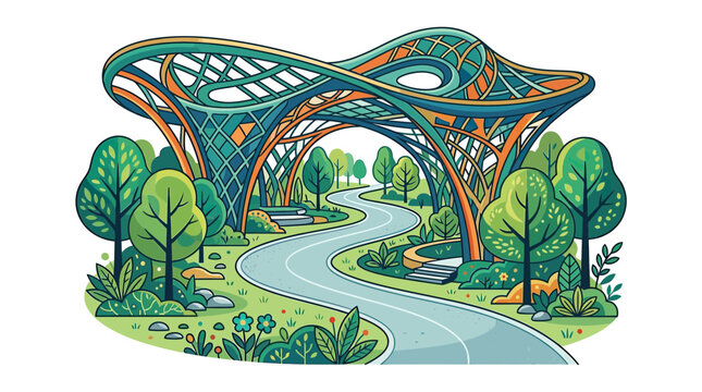 Futuristic organic architectural canopy over a winding park path