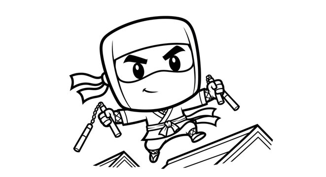 Cartoon Ninja Character Holding Swords and Flag.