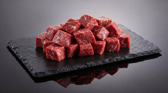 Raw beef cubes arranged on a black slate platter