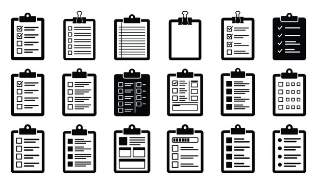 Checklist Clipboard Vector Icon Set Task List To Do Document Silhouette Collection Office Business Survey Form Report Questionnaire Flat Design Illustration Symbols Pack Bundle