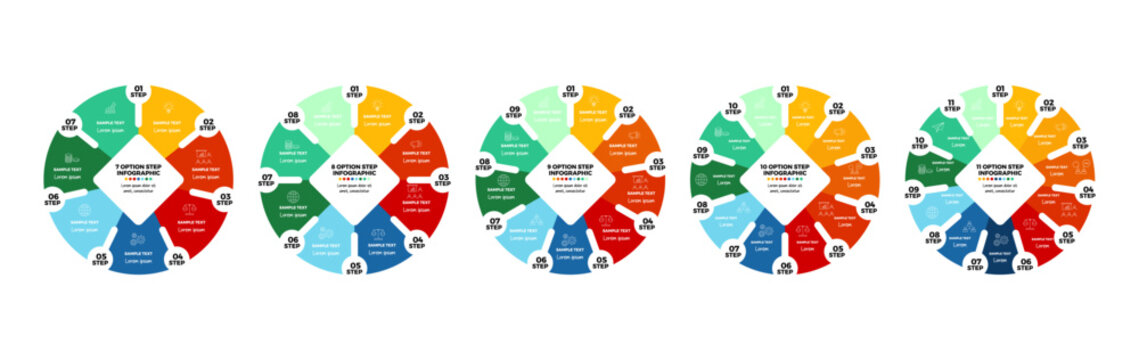 Collection of circular set diagram infographics featuring 7, 8, 9, 10, 11 step processes for business presentations or reports. editable vector illustrations.