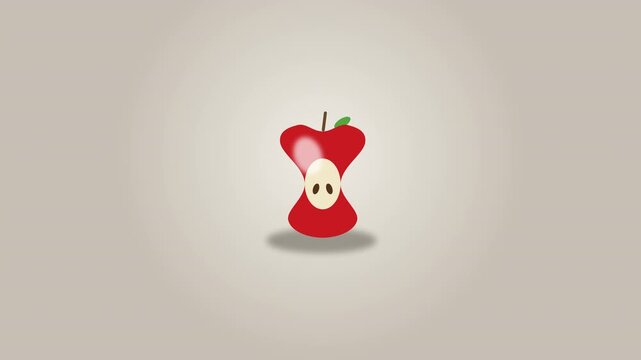 Isolated red apple core with shadow and stem, cut in half revealing seeds, on a gradient background, food waste concept