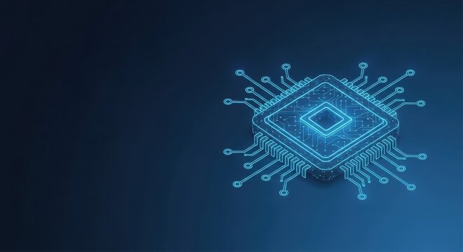 Luminous Circuit Board Processor With Intricate Digital Connections on Dark Background