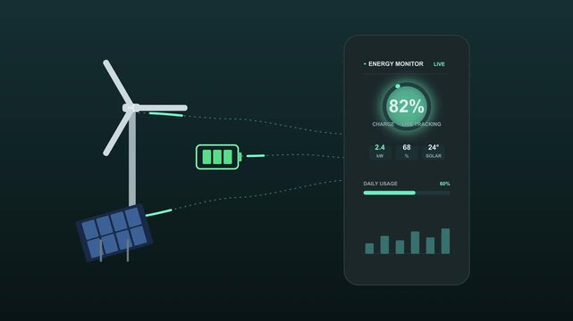 Smartphone energy application monitoring wind solar power input and battery usage on digital display motion graphic
