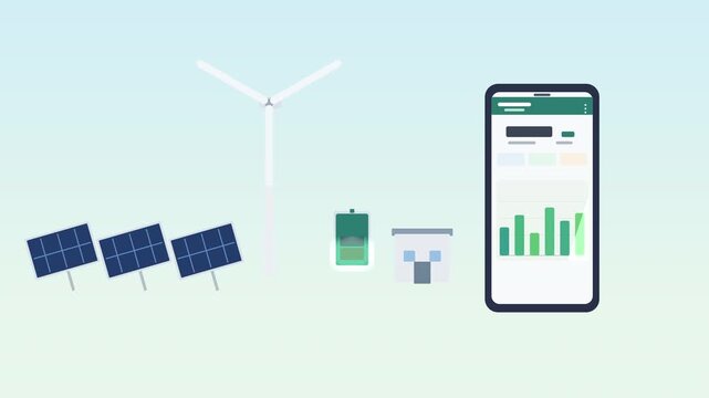 Smartphone monitoring renewable energy generation and consumption with solar panels wind turbine and battery storage app interface