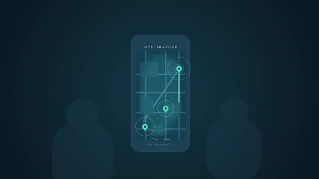 Smartphone covid tracking app displays location data, people wearing face masks, digital health surveillance