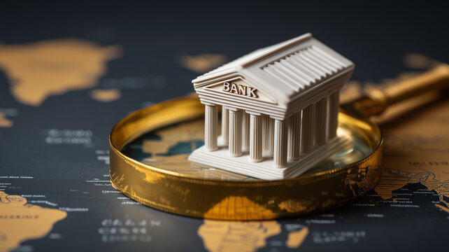 Magnifying glass examining a bank building on a world map representing financial audit, global banking research and economic risk analysis.
