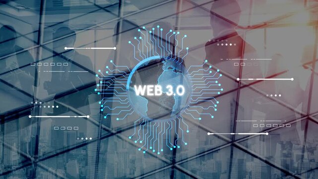 Business professionals discussing Web 3.0 technology concepts with digital graphics in a modern office setting overlooking a city skyline. Entropy.