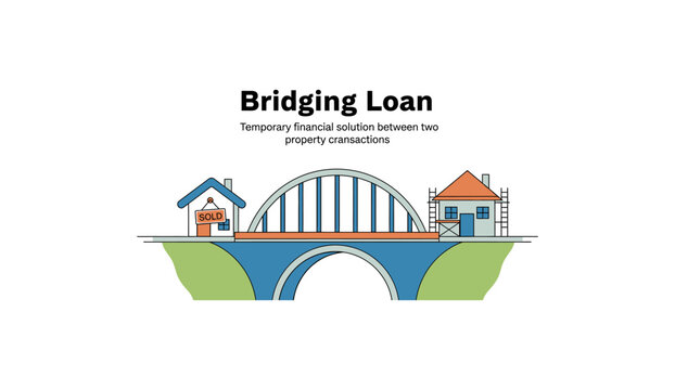 Vector illustration for "Bridging Loan", a temporary financial solution between two property transactions. Featuring a bridge connecting a sold house and a house under construction.
