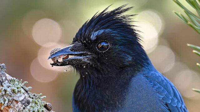 Dynamic Ultra-Slow Motion 8k Video of Steller's Jay Taking Flight from Snow-Dusted Pine Branch in Sierra Nevada Forest with Creamy Bokeh - Adobe Stock Premium