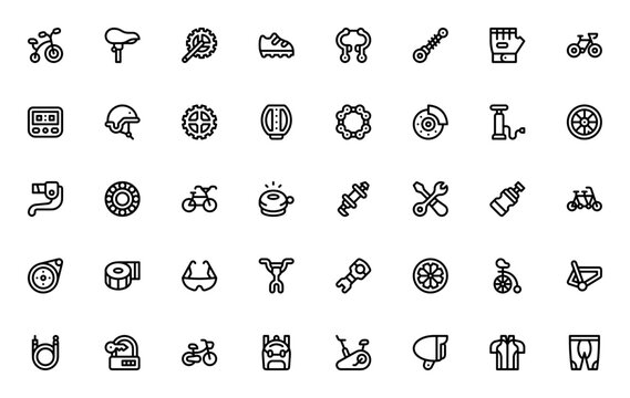 Bicycle icon set. Minimal thin line icons pack. Vector illustration. Featuring bike, seat, brake, gear, pedal, helmet, wheel, lock, pump, chain, tire, and more. Editable vector stroke.