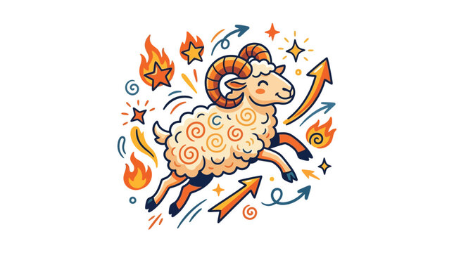 Aries zodiac sign illustration featuring a cute jumping ram character with curved horns, surrounded by flames, stars, and arrows in a vibrant vector art style on white background.