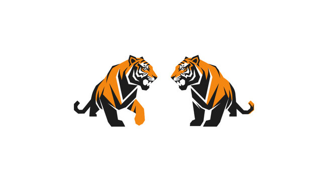 Two fierce tigers facing each other in a dynamic pose.