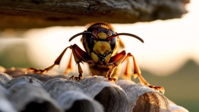 Aggressive Macro Video of Intense Giant Hornet (Vespa mandarinia) Guarding Massive Paper Nest on Weathered Wooden Beam - Adobe Stock Premium