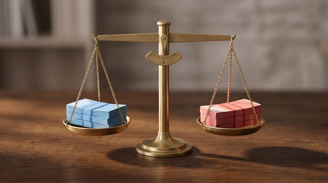 Brass balance scale weighing stack of blue banknotes against stack of red banknotes on wooden table