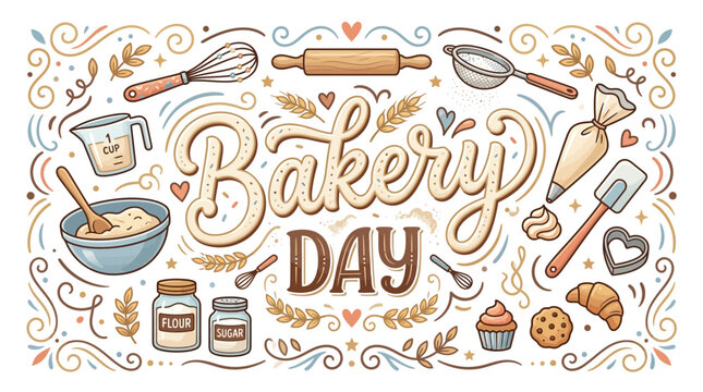 Bakery Day Hand Drawn Lettering with Baking Tools and Pastry Elements