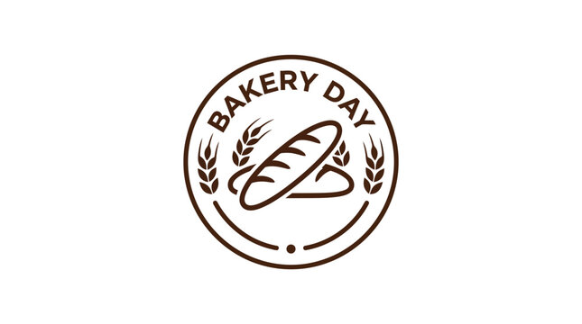 Bakery Day Round Emblem with Bread Loaf and Wheat Stalks