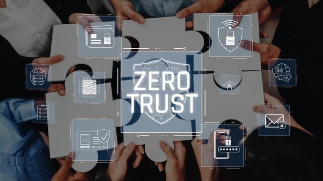 A creative visual representation of the zero trust security concept, depicting diverse hands collaborating with puzzle pieces, symbolizing unity in data protection efforts. Raster
