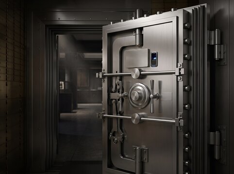 Heavy steel bank vault door open in secure financial room