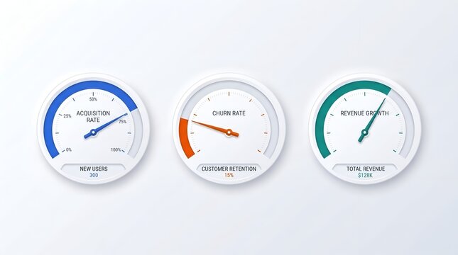 Business dashboard gauges showing acquisition rate, churn rate, and revenue growth metrics on a light background