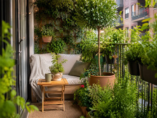 Fototapeta premium Lush apartment balcony garden filled with potted plants climbing greenery cozy chair small table and warm sunlight creating a peaceful urban outdoor retreat for relaxing at home in the city