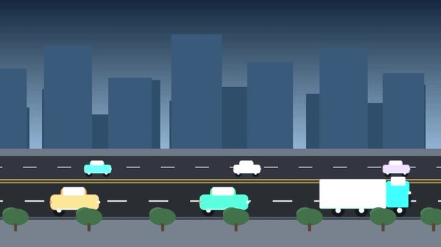 Pixel art urban landscape on a highway with electric cars and semi truck, city skyline in background