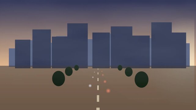 Stylized city skyline with a road and traffic lights at dusk, representing urban commute and city life