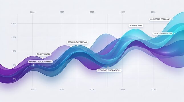 Abstract wave line chart showing financial growth and market trends analysis from 2026 to 2030