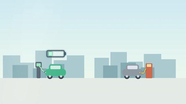 Vector illustration comparing electric car charging versus gasoline car refueling in urban setting