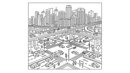 Fototapeta premium Urban landscape with complex highway overpasses and city traffic