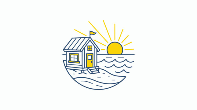Beach shack on the shore with rising sun minimalist line art