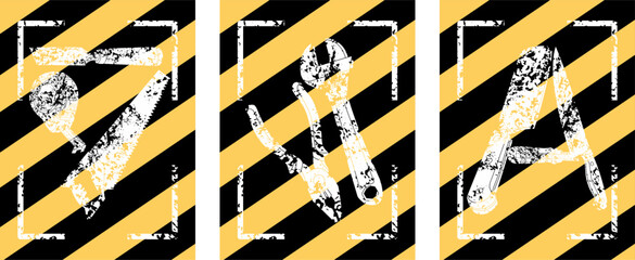 Labor Day Appreciation Poster Set with Construction, Technician, and Kitchen Tools.a striking diagonal black and yellow hazard stripe background with a grunge texture frame. © Pratama